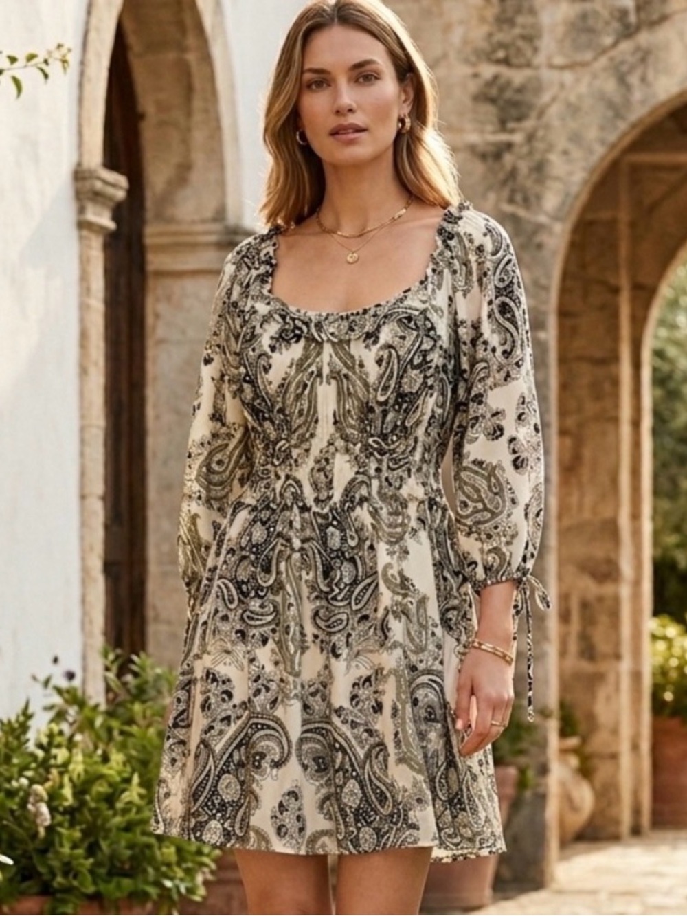 Elie Tahari Paisley Mini Dress Cream Black Long Sleeve Size L NWT